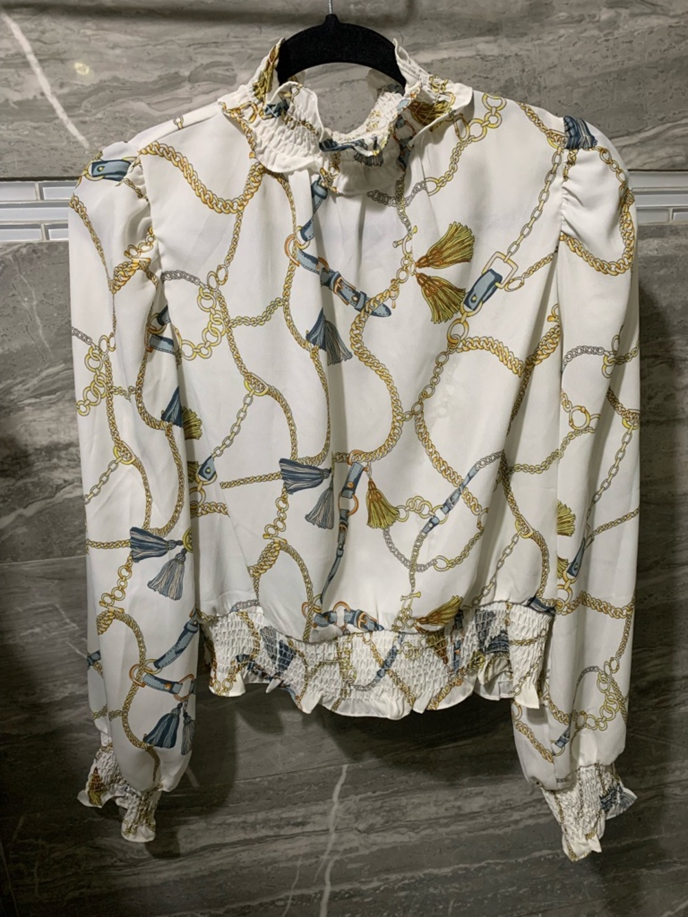 Smocked Ruffle Neck Chain-Print Blouse - White/Gold